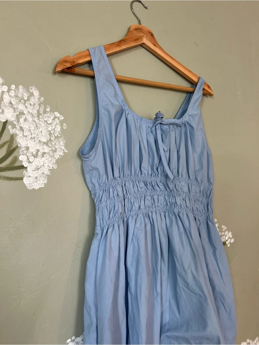 Light Blue Peasant Maxi Dress with Smocked Waist and pockets